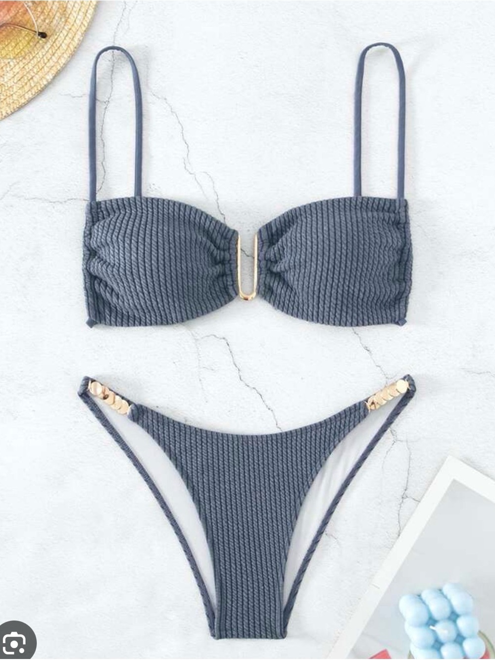SHEIN Textured Dark Blue Bikini with Gold Accents